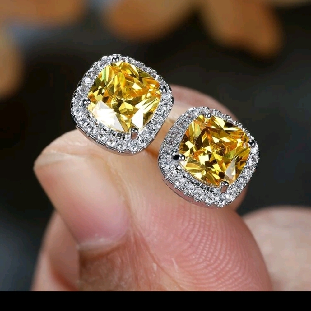 Delicate Stylish Silver and Yellow Square Shape CZ Stud Earring, Perfect Gift - Picture 2 of 5